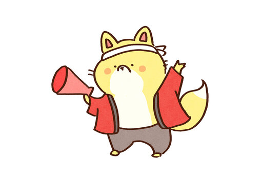 Fox wearing a happi coat and a headband calling out to customers with a megaphone