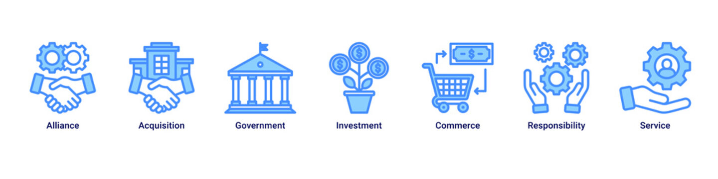 Business Alliance web banner icon vector illustration with icons of Alliance, Acquisition, Government, Investment, Commerce, Responsibility and Service