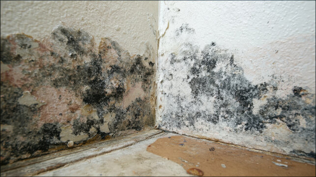 Black mold growing on damp interior corner wall