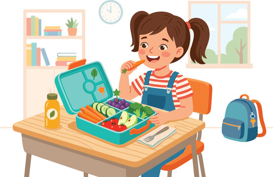 Kindergarten kid enjoying healthy school snack time with broccoli apples tomatoes and juice bottle isolated on white background