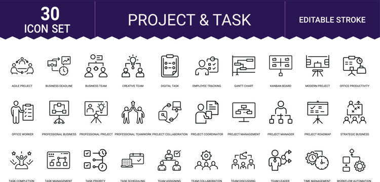 Project and task icon set includes project management business workflow and team strategy.