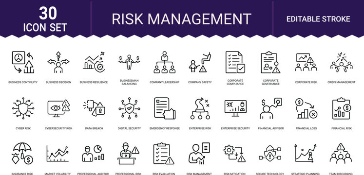 Risk management icon set with business continuity financial loss and corporate governance.