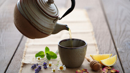 Pouring fresh herbal tea into a ceramic cup with mint lavender chamomile © islamamar