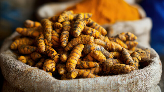 Turmeric roots spice in burlap sack for sale