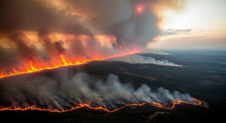 Fototapeta premium Aerial View of a Devastating Wildfire Burning Across the Landscape.