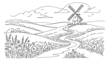 Fototapeta premium A serene landscape with a windmill.