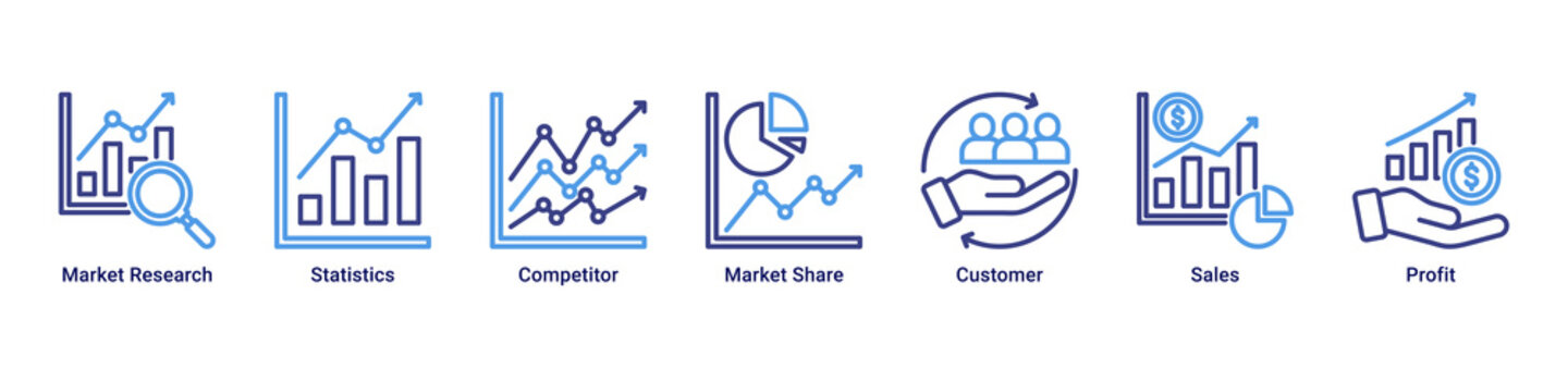 Market Analysis web banner icon vector illustration with icons of Market Research, Statistics, Competitor, Market Share, Customer, Sales and Profit