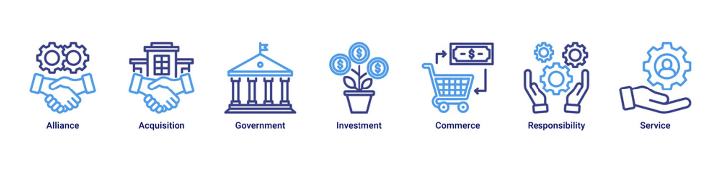 Business Alliance web banner icon vector illustration with icons of Alliance, Acquisition, Government, Investment, Commerce, Responsibility and Service