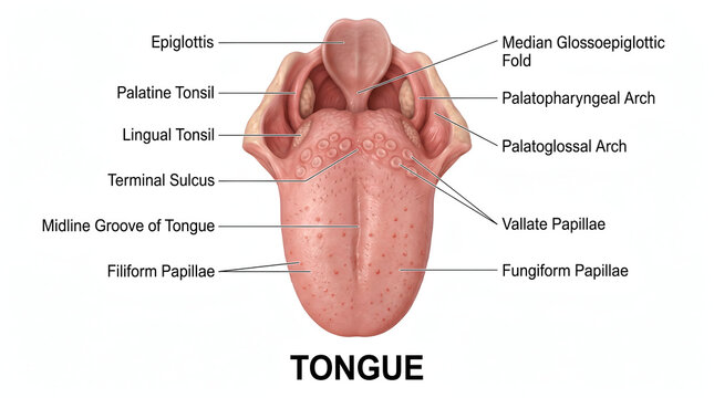 Comprehensive anatomical diagram of the human tongue, meticulously labeling key structures, papillae, and tonsillar regions within the oral cavity