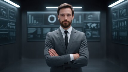 Obraz premium Confident businessman in formal attire poses with arms crossed in a modern office space with digital graphs and dashboards in the background