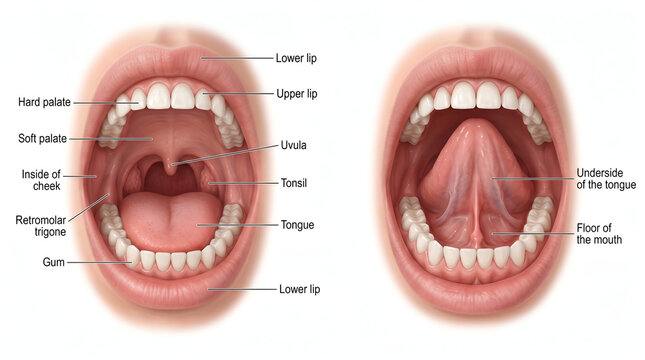 Detailed human oral cavity anatomy illustration, showing mouth, tongue, teeth, palate, and throat structures for medical education