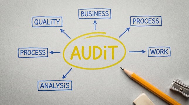 Hand-drawn business audit flow chart diagram with pencil and eraser on textured grey paper surface business analysis