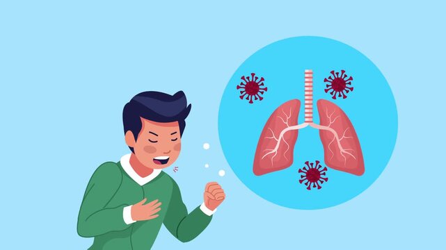Animated young man coughing with respiratory infection and virus attacking human lungs in background.