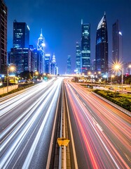Fototapeta premium City Highway at Night with Skyscrapers.