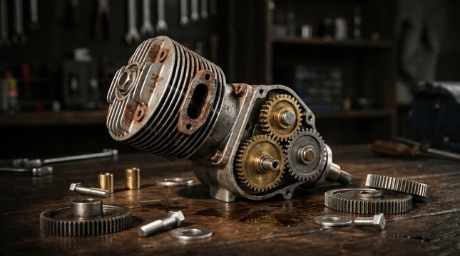 Disassembled internal combustion engine parts on industrial workshop table with mechanical automotive machinery
