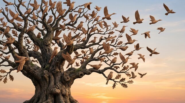 Tree turning into flying wooden birds