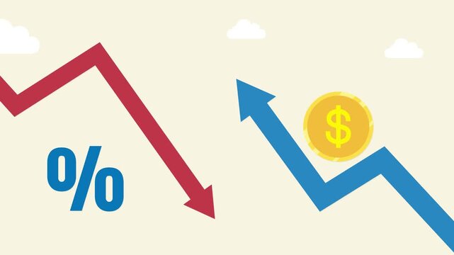 Financial success, economy indication animation, business growth, dollar coin with upward and downward graph