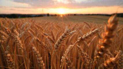 Close-up of ripe wheat stalks in a field at sunset with rural landscape © islamamar