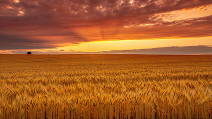 Obraz premium Golden wheat field under dramatic sunset sky with fiery clouds, rural landscape