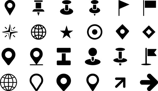 Location Pin Map Marker Navigation Icon Set Silhouette Vector