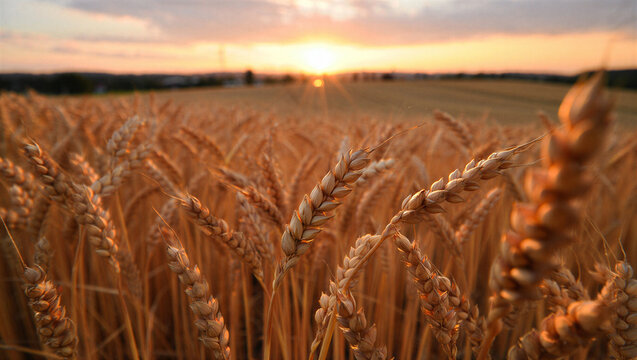 Close-up of ripe wheat stalks in a field at sunset with rural landscape