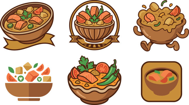 Cartoon illustrations of various seafood chowder dishes in bowls  seafood soup