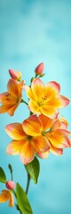 Fototapeta premium Blooming citrus flowers on a soft blue background, floral, botanical