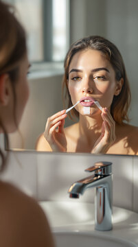 Woman applying mouth tape in bathroom mirror. A woman applies mouth tape to her lips while looking in a bathroom mirror, likely for sleep or relaxation, with a faucet and window in the background.