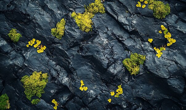Intricate interplay of tenacious moss and delicate flowers on dark rock face