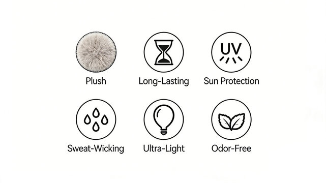 The plush ball, hourglass, and light bulb icons represent the characteristics of casual sports fabric that is plush, skin friendly, durable, ultra light, sweat wicking, and odorless.
