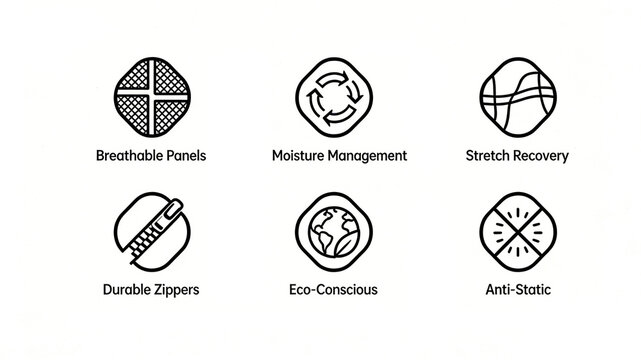 Grid, circular arrows, and zipper icons represent the environmental characteristics of outdoor clothing, such as breathable mesh, humidity management, and durable zipper anti-static.
