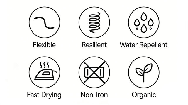 Curves, springs, and water droplet icons are organic and environmentally friendly features of daily commuting fabrics that are flexible, resilient, water repellent, quick drying, and ironing free.
