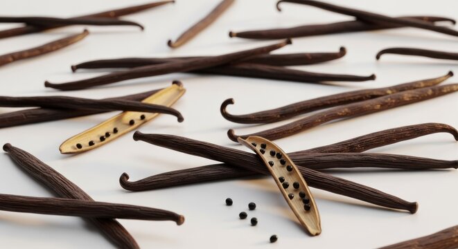 Aromatic Vanilla Beans and Seeds Scattered on a White Surface.
