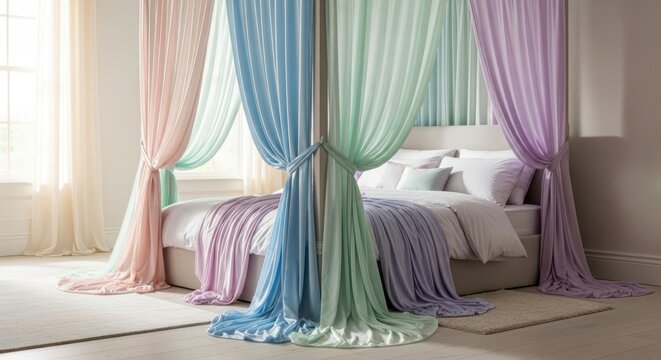 Chambre &eacute;l&eacute;gante avec des rideaux pastel fluides autour d'un lit confortable