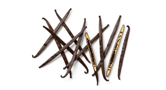 Aromatic Vanilla Beans Scattered on a White Background.