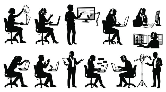 Video conference icon set remote work silhouettes editable line icons vector illustration design ui