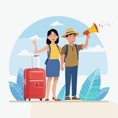 Obraz premium Couple Traveling with Luggage and Megaphone