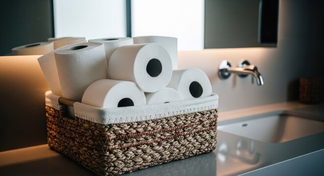 Basket overflowing with toilet paper rolls on a bathroom counter.