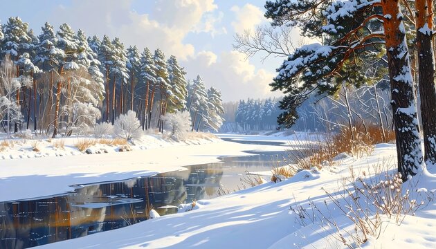 A serene winter scene with snow-covered trees lining a calm, partially frozen river reflecting the bright sunlight. Crisp air