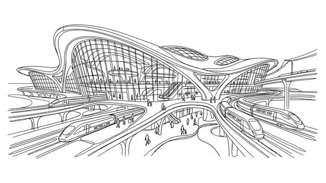 A futuristic train station with sleek architecture and busy platforms.