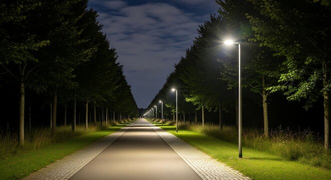 A serene nighttime scene of a treelined road with streetlights