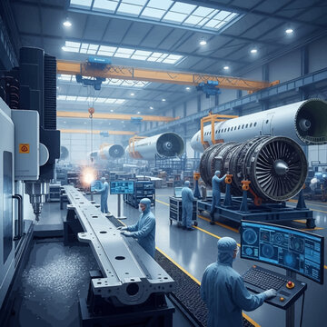 Engineers working on assembling large jet engines and airplane fuselage parts in a bright aircraft manufacturing factory, a scene of precision and technological efficiency.