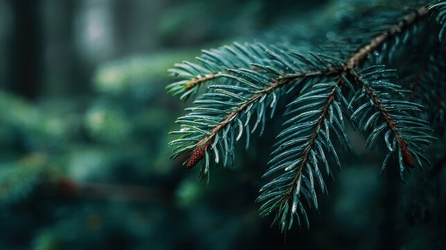 Close up of a vibrant spruce branch with small pine cones in a forest