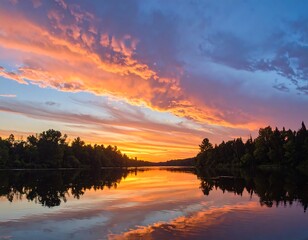 Fototapeta premium A serene river reflects a fiery sunset. The sky is ablaze with orange, pink, and purple hues mirrored in the calm water