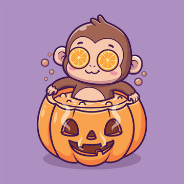 Cute Cartoon Monkey Sitting in Halloween Pumpkin Bath with Orange Slice Eyes Vector Illustration