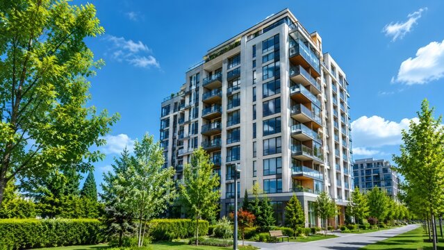 Modern Residential Apartment Building with Green Courtyard and Blue Sky

