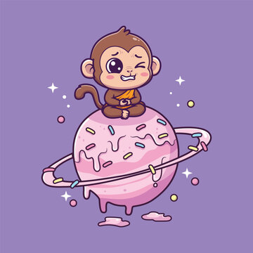 Cute Cartoon Monkey Sitting on Sprinkle Donut Planet in Space Vector Illustration
