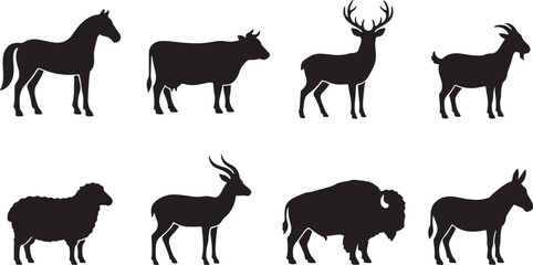 Fototapeta premium Silhouettes of farm livestock and wild animals including horse cow deer goat sheep antelope bison donkey isolated on background.