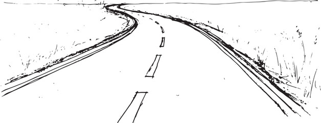 Obraz premium Sketch drawing of empty winding rural road perspective view on transparent background for travel and infrastructure design needs.