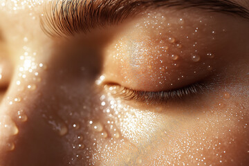 Fototapeta premium Extreme close-up of glowing hydrated female skin around eye with tiny water droplets revealing healthy beauty